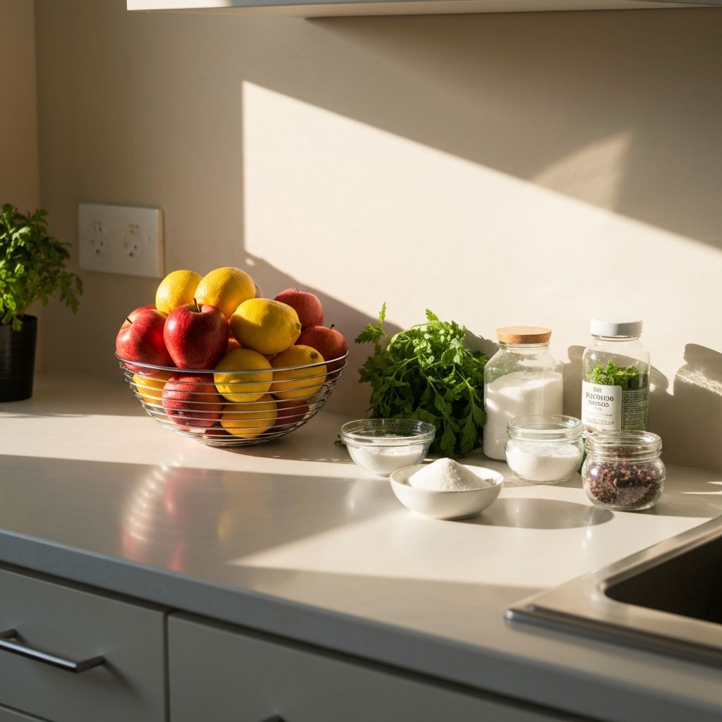 Kitchen counter with groceries and cooking ingredients
