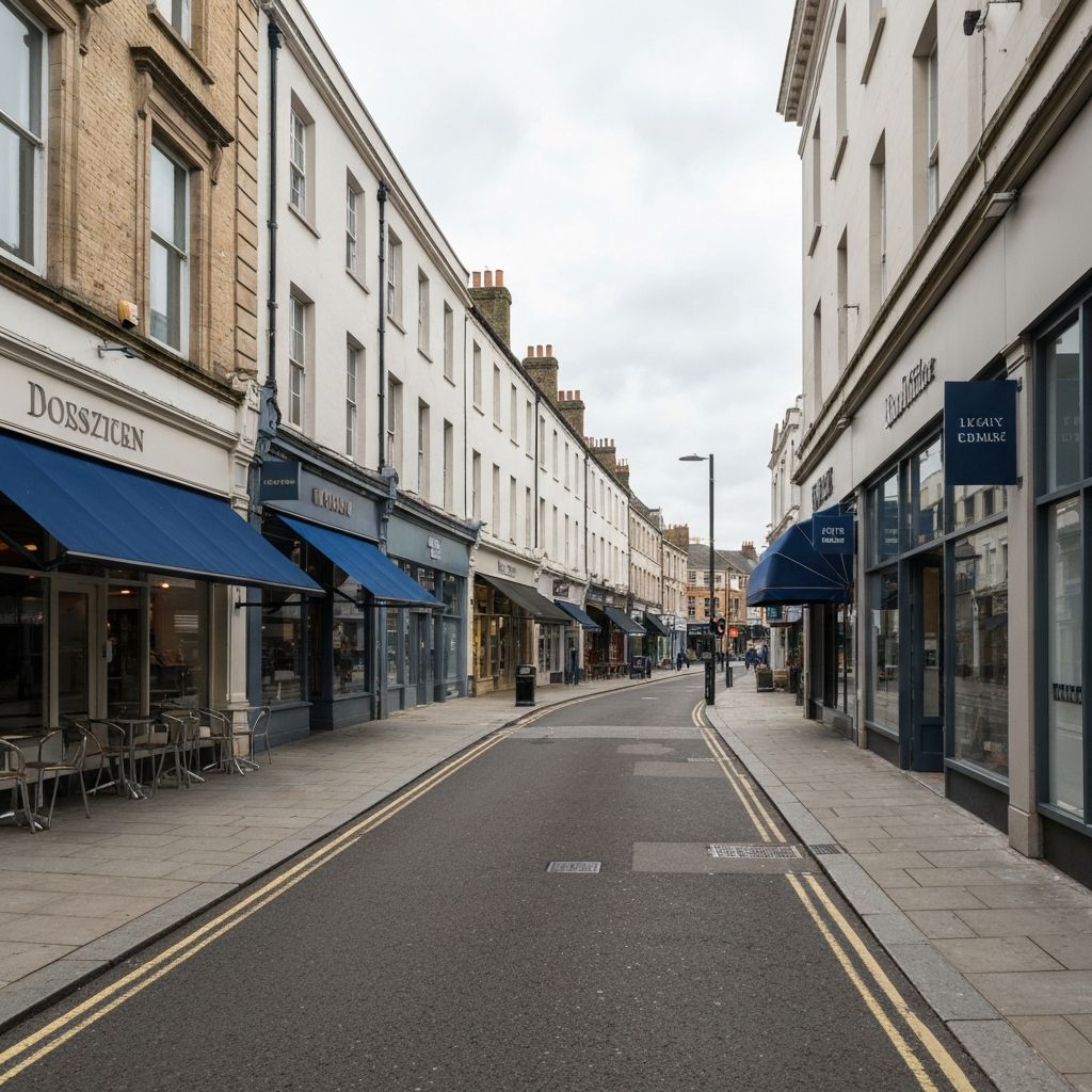Urban street scene with shops and cafes
