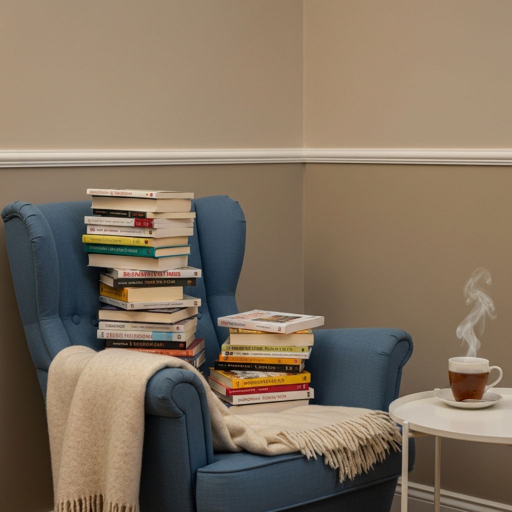 Cozy reading corner with armchair and books