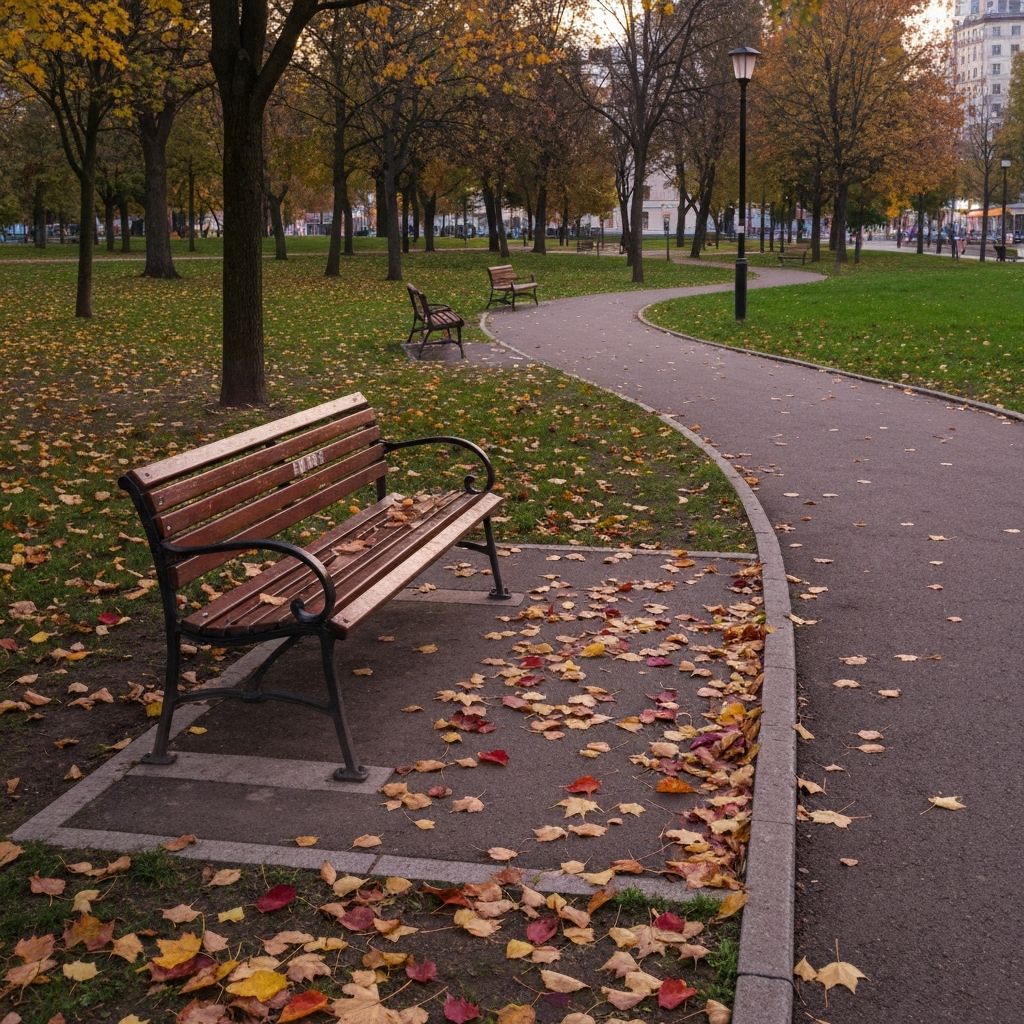 Peaceful park bench in autumn setting